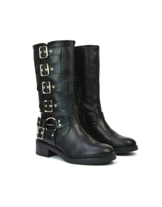 Danni Chunky Block Heel Buckle Up Biker Boots with Inside Zip in Black Synthetic Leather