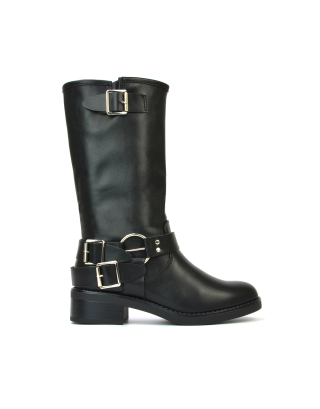 Tazmin Chunky Sole Low Block Heel Black Biker Boots With Buckle Detailing 