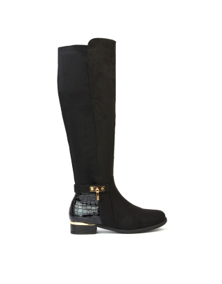 Cherie Flat Block Heeled Embossed Croc Print Knee High Boots with Padlock in Black Faux Suede