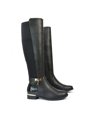 Cherie Flat Block Heeled Embossed Croc Print Knee High Boots with Padlock in Black Synthetic Leather 