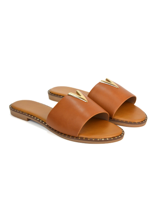 Rorie Faux Leather Slip On Cut Out Holiday Flat Sandal Sliders in Tan