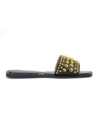 Elodie Studded Flat Heel Slide Sandals With Square Toe in Black