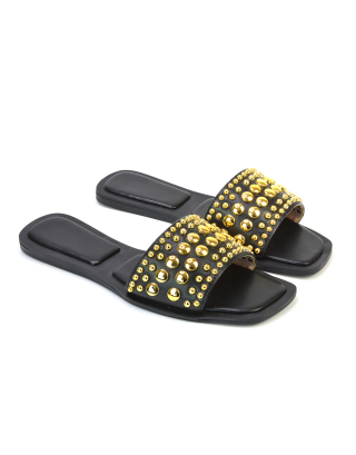 Elodie Studded Flat Heel Slide Sandals With Square Toe in Black