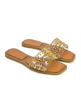 Elodie Studded Flat Heel Slide Sandals With Square Toe in Clear 