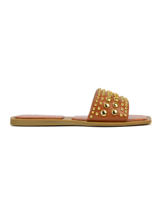 Elodie Studded Flat Heel Slide Sandals With Square Toe in Tan
