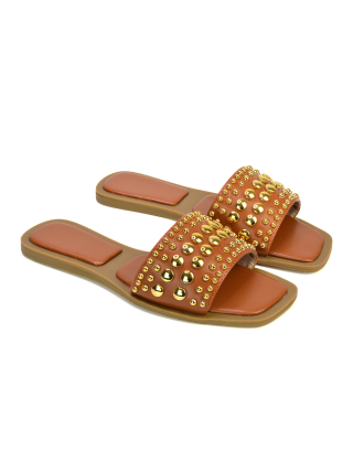 Elodie Studded Flat Heel Slide Sandals With Square Toe in Tan