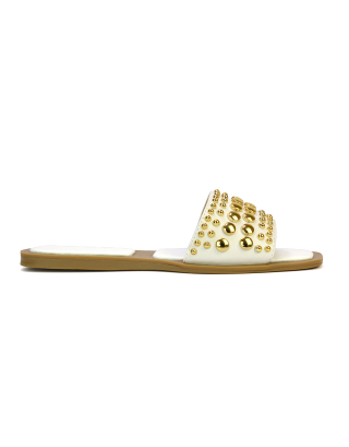 Elodie Studded Flat Heel Slide Sandals With Square Toe in White