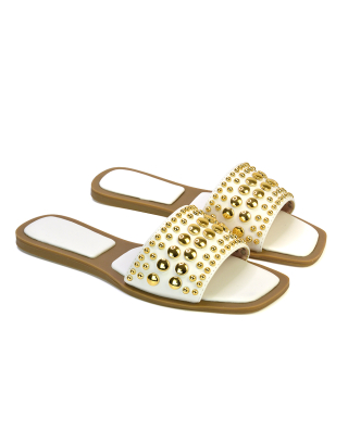 Elodie Studded Flat Heel Slide Sandals With Square Toe in White