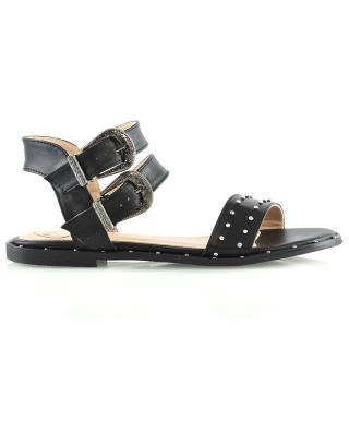 VANESSA DOUBLE BUCKLE STRAP DIAMANTE FLAT SANDALS IN BLACK SYNTHETIC LEATHER