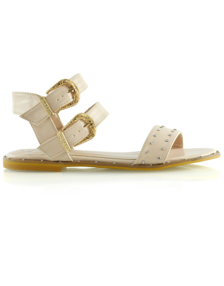 VANESSA DOUBLE BUCKLE STRAP DIAMANTE FLAT SANDALS IN NUDE SYNTHETIC LEATHER