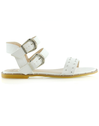 VANESSA DOUBLE BUCKLE STRAP DIAMANTE FLAT SANDALS IN WHITE SYNTHETIC LEATHER