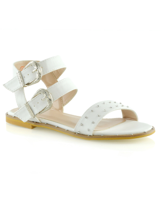 VANESSA DOUBLE BUCKLE STRAP DIAMANTE FLAT SANDALS IN WHITE SYNTHETIC LEATHER