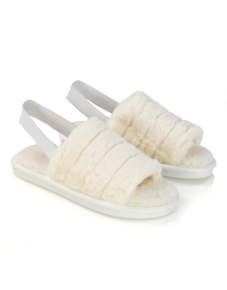 Lana Faux Fur Sling Back Ribbed Strappy Soft Cosy Fluffy Slippers in White