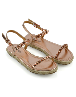Ashden Studded Flat Cork Sole Summer Sandals With Ankle Strap in Rose Gold