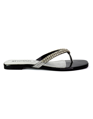 Jazlyn Flat Diamante Flip Flop Sandals Thong Summer Shoes in Black