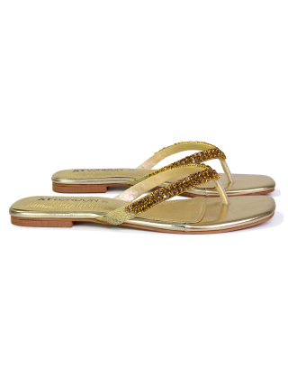 Jazlyn Flat Diamante Flip Flop Sandals Thong Summer Shoes in Gold