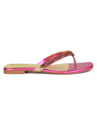 Jazlyn Flat Diamante Flip Flop Sandals Thong Summer Shoes in Pink