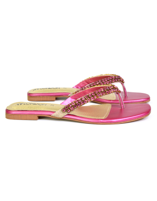 Jazlyn Flat Diamante Flip Flop Sandals Thong Summer Shoes in Pink