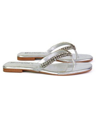 Jazlyn Flat Diamante Flip Flop Sandals Thong Summer Shoes in Silver