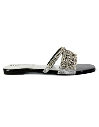 Kingsley Embellished Diamante Flat Sandal Slides Summer Square Toe Shoes in Black