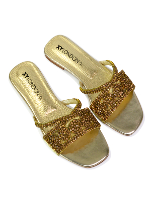 Kingsley Embellished Diamante Flat Sandal Slides Summer Square Toe Shoes in Gold