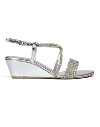 Ocean Sparkly Gem Crystal Diamante Ankle Strap Sandal Wedge Heel in Silver