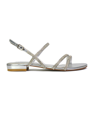 Orla Buckle Strappy Summer Sparkly Flat Diamante Sandals Bridal Flats in Silver