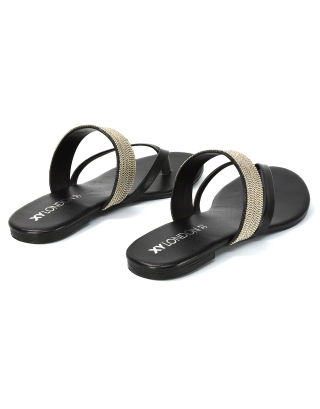 Karis Flat Strappy Toe Post Slip on Flip Flop Slides Diamante Sandals in Black