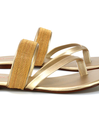 gold chain sandals, gold sandals, gold flip flops