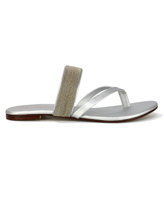 Karis Flat Strappy Toe Post Slip on Flip Flop Slides Diamante Sandals in Silver