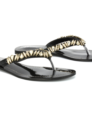Aster Rhinestone Embellished Flip Flop Flat Diamante Strappy Sandals in Black