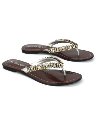 Aster Rhinestone Embellished Flip Flop Flat Diamante Strappy Sandals in Silver