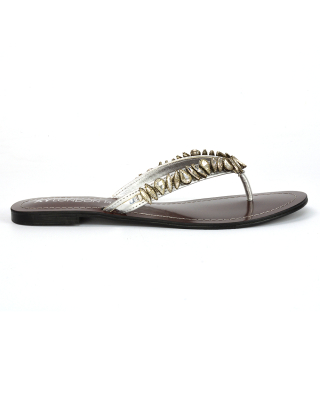 Aster Rhinestone Embellished Flip Flop Flat Diamante Strappy Sandals in Silver