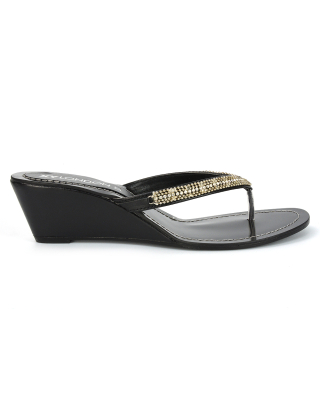 Norah Toe Post Thong Strappy Slip on Diamante Wedge Heeled Sandal in Black
