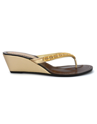 Norah Toe Post Thong Strappy Slip on Diamante Wedge Heeled Sandal in Gold