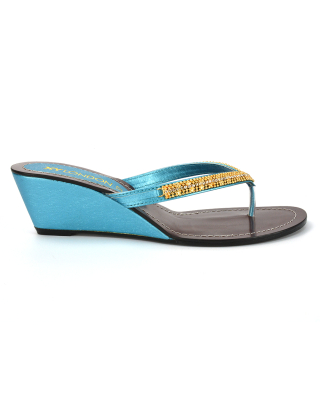 Norah Toe Post Thong Strappy Slip on Diamante Wedge Heeled Sandal in Turquoise