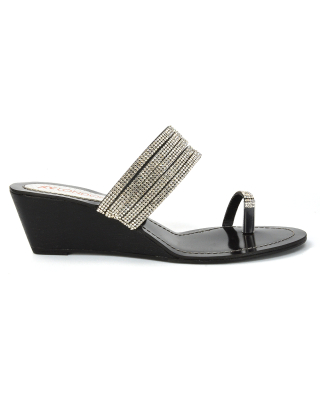 Kaylee Embellished Strappy Toe Ring Slip on Diamante Wedge Sandal Heels in Black