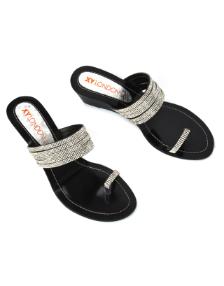 Kaylee Embellished Strappy Toe Ring Slip on Diamante Wedge Sandal Heels in Black
