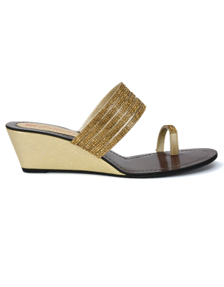 Kaylee Embellished Strappy Toe Ring Slip on Diamante Wedge Sandal Heels in Gold