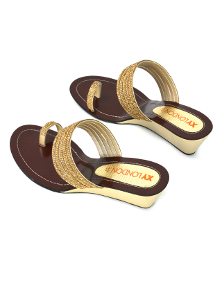 Kaylee Embellished Strappy Toe Ring Slip on Diamante Wedge Sandal Heels in Gold