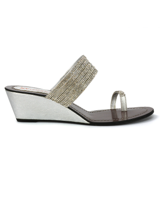 Kaylee Embellished Strappy Toe Ring Slip on Diamante Wedge Sandal Heels in Silver