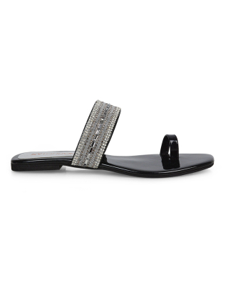 Rogan Strappy Slip on Toe Post Ring Diamante Flat Sandal Sliders in Black