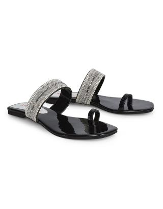 Rogan Strappy Slip on Toe Post Ring Diamante Flat Sandal Sliders in Black