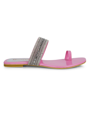 Rogan Strappy Slip on Toe Post Ring Diamante Flat Sandal Sliders in Pink