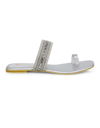 Rogan Strappy Slip on Toe Post Ring Diamante Flat Sandal Sliders in Silver