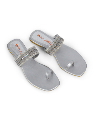 Rogan Strappy Slip on Toe Post Ring Diamante Flat Sandal Sliders in Silver