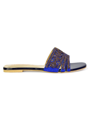 Sam Cut Out Square Toe Sparkly Front Strap Flat Diamante Sandals in Blue