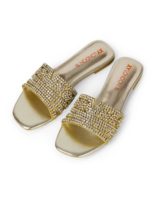 Sam Cut Out Square Toe Sparkly Front Strap Flat Diamante Sandals in Gold