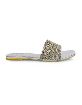 Sam Cut Out Square Toe Sparkly Front Strap Flat Diamante Sandals in Silver