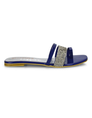 Sabrina Diamante Double Strap Slip on Flat Toe Post Sandals In Navy Patent